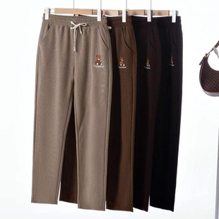 2025 Spring and Autumn New Middle-Aged and Elderly Women's Pants Wick Thin Striped Kapok Velvet Tie Pocket Mom Casual Pants