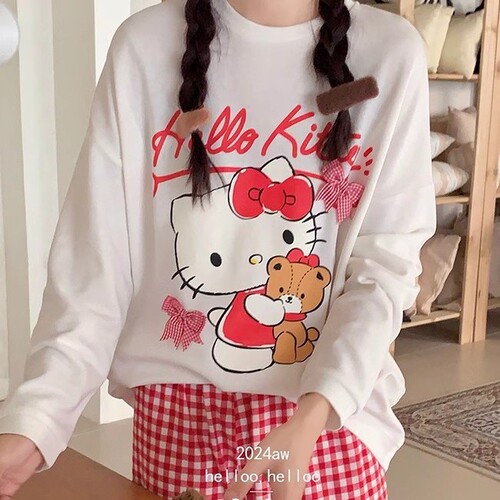 Spring and Autumn Style Loose Round Neck Cute Cartoon Cat Homecoming Set with Long Sleeve Top and Bottom Pants