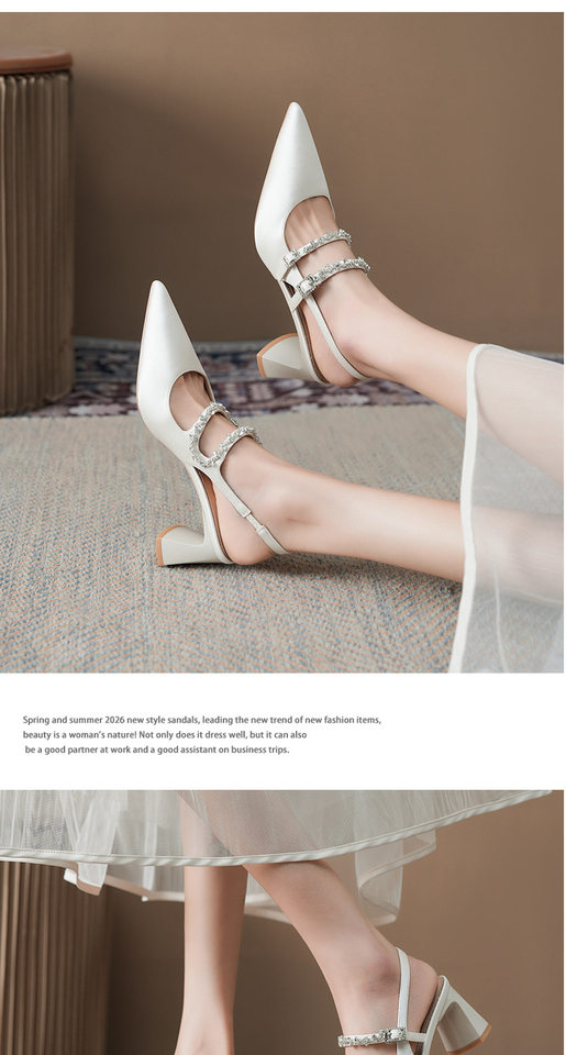 Giày sandal cao gót nữ mũi nhọn gót thô hở gót kiểu Mary Jane đính đá, gót 6–8 cm — Màu bạc, Màu trắng ngà chi tiết 7