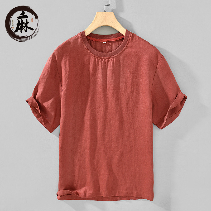 H005 Summer Men's 100% Linen Loose Fit Large Size Versatile Breathable Top Pure Linen Casual Round Neck Short Shirt