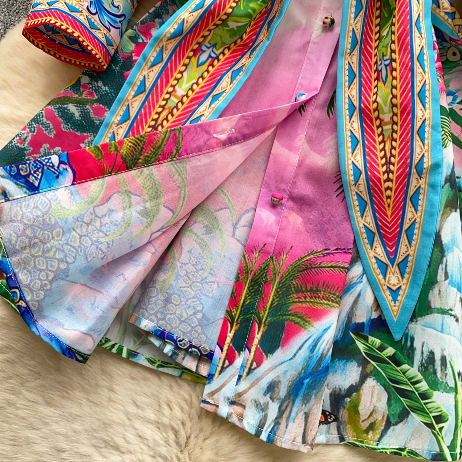 Women's Bohemian Print Dress Korean Style Long Sleeve Shirt Collar Tie Waist Cinching a Line Skirt for Vacation Summer_ecoleips.com