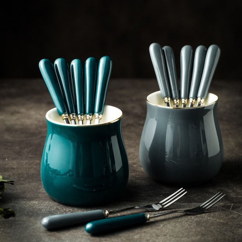 Fruit fork Stainless Steel originality black and white lovely ceramics Stainless steel Dessert Fruit sign Fork suit