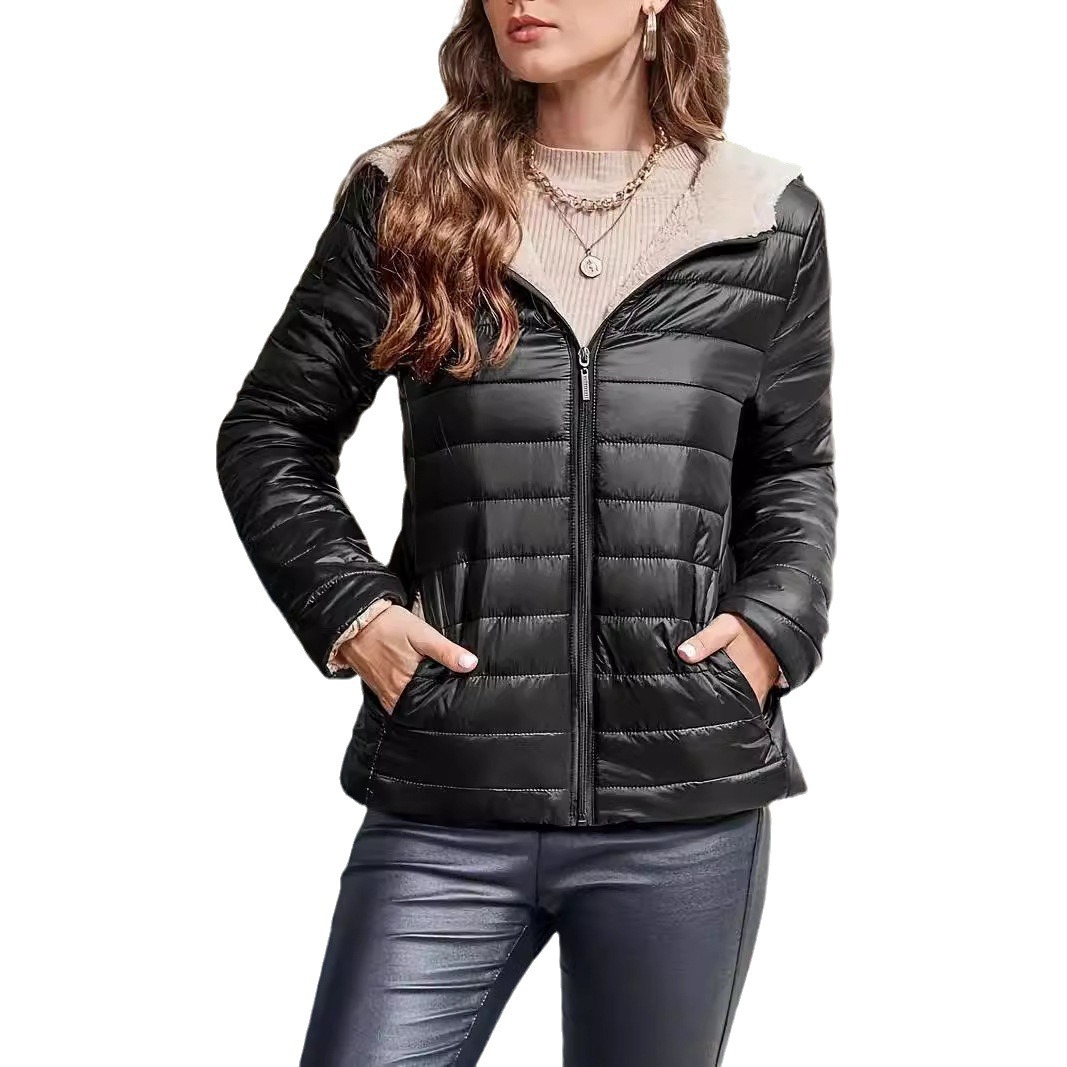 Ropa de mujer Nuevo abrigo de algodón de terciopelo con capucha de estilo corto y estilo caliente de otoño e invierno, tops de piel de cordero cálidos, chaqueta de mujer_voghion.com
