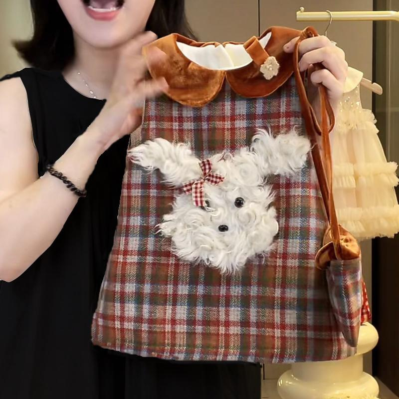 Qianqiu niñas más vestido de terciopelo otoño y invierno nuevo chaleco retrógrado para niños falda a cuadros vestido de princesa bebé