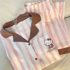 甜美ins条纹Kitty猫睡衣女春秋季长袖长裤两件套美少女家居服可爱