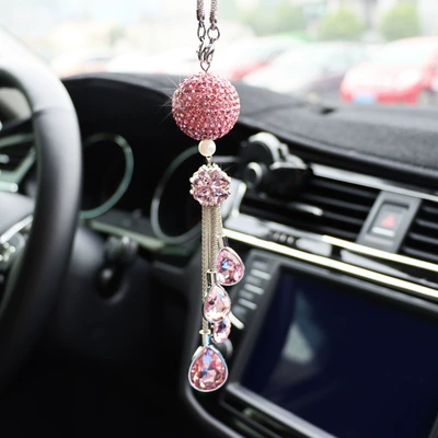 Car rearview mirror pendant metal | Car hanging - pink-four-leaf-clover-drop-drill-pink-round-drill-ball