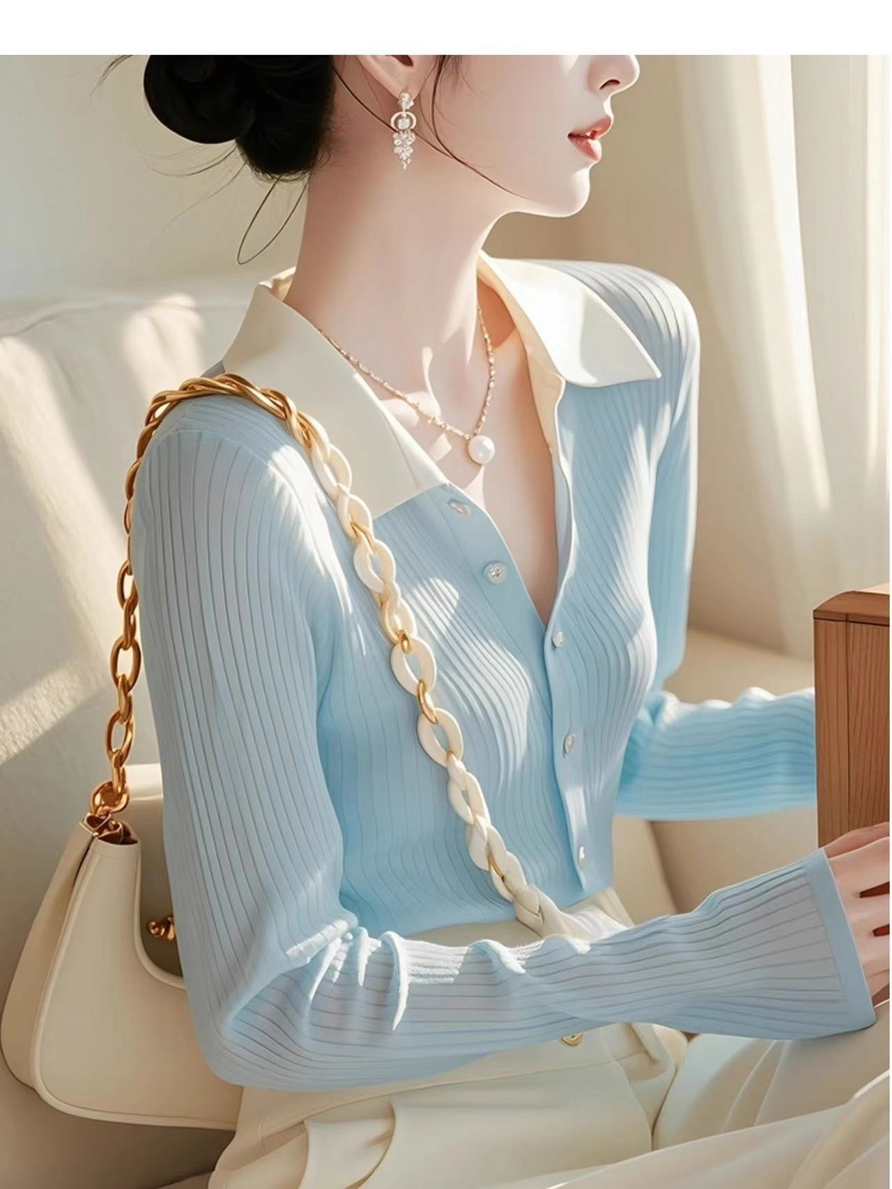 Áo len cardigan nữ tay dài phong cách Hàn Quốc thiết kế cổ chữ V — màu xanh nhạt