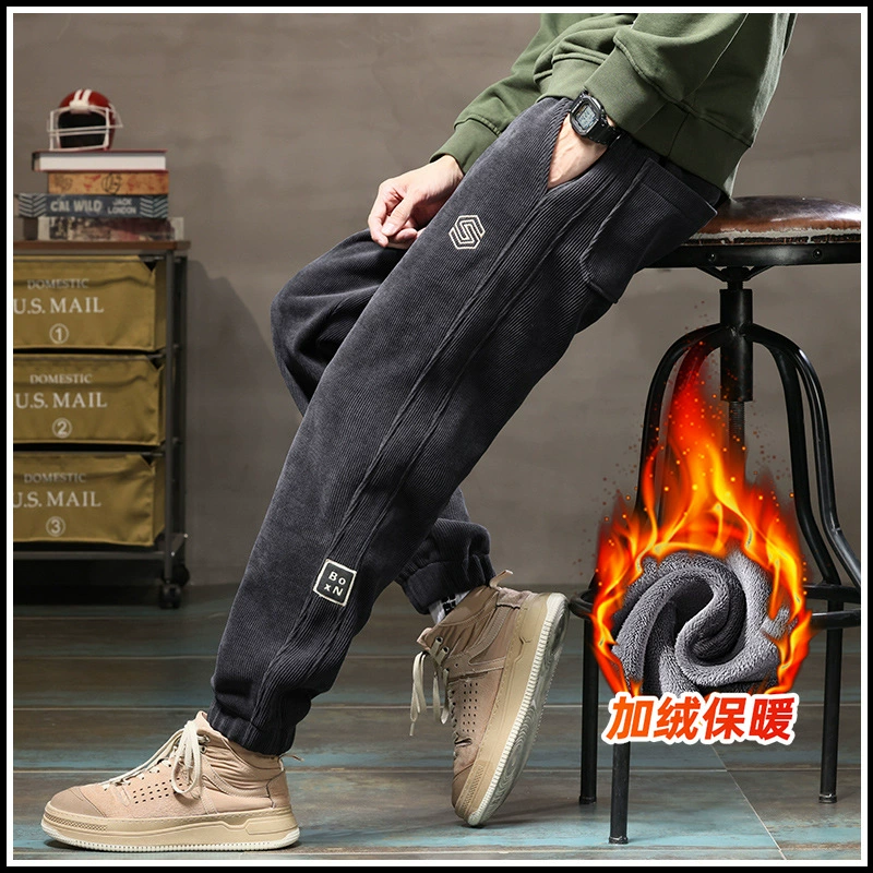 Толстые вельветовые брюки на флисовой подкладке, Мужские осенне-зимние спортивные брюки с носком, бархатные брюки, зимние повседневные Гарем