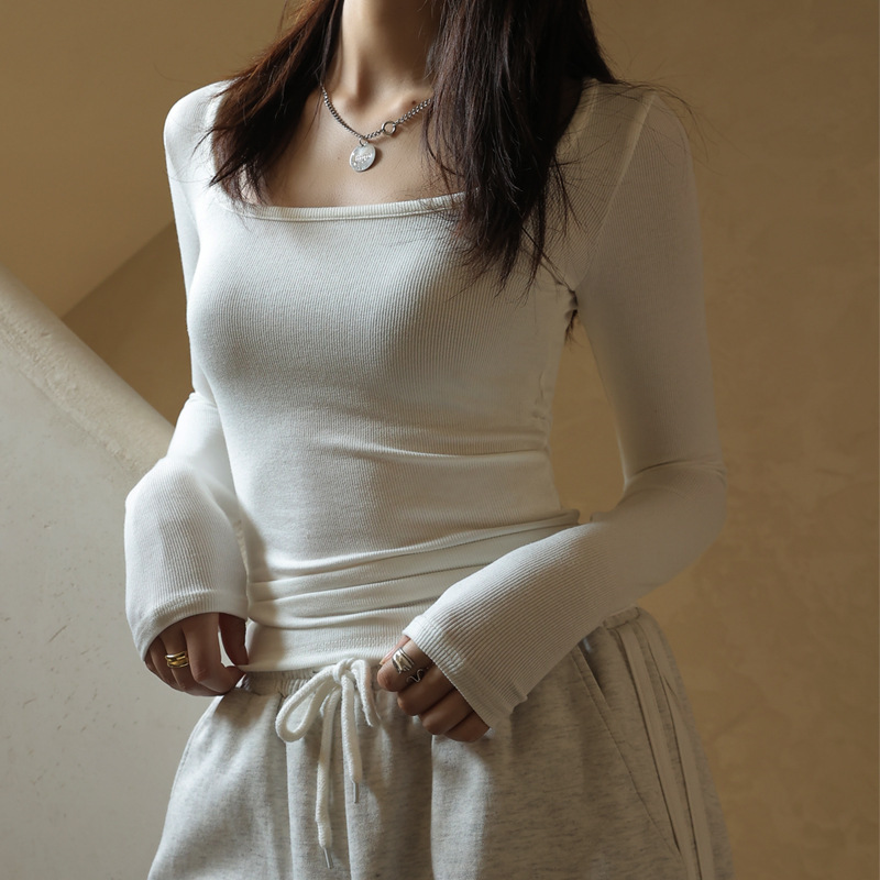 Modal Square-Neck Ribbed Slim-Fit Long-Sleeve T-Shirt for Women, Suitable as a Base Layer or Outerwear for Early Autumn, New Style Top