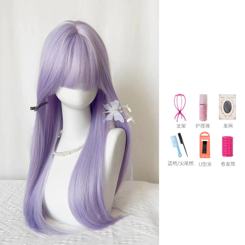 [Qianshi Zidai] 女性用ウィッグ ロングストレートヘア 低彩度 パープル ナチュラル ユニバーサル cos フルヘッドカバー|undefined