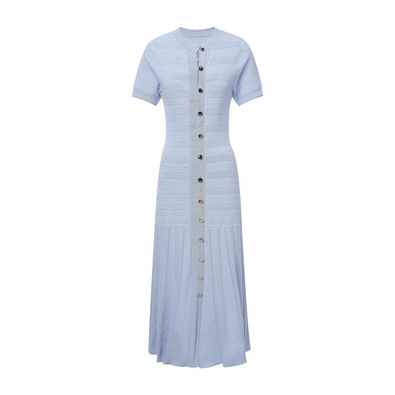 S Brand 2026 Spring/Summer New French-Style Hollow-Out Knit Dress, Round Neck, Short Sleeves, Single-Breasted Long Knit Dress for Women S Brand 2026 Spring/Summer New French-Style Hollow-Out Knit Dress, Round Neck, Short Sleeves, Single-Breasted Long Knit Dress for Women