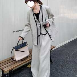 J7H小香风撞色拼接西装套装女春秋2025新款气质通勤高级感长裤三