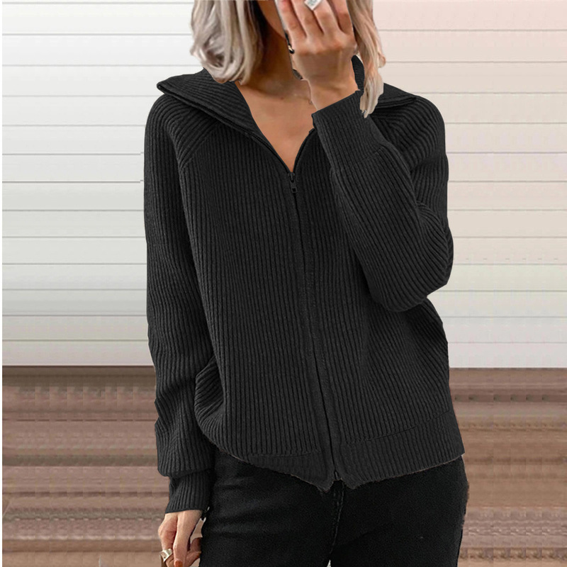 European and American knitwear zipper cardigan mid-length striped casual top long sleeve lapel loose sweater cardigan coat