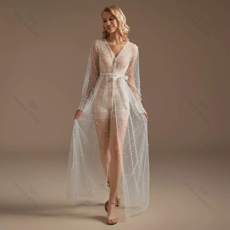 Mesh Skirt Mesh Pearl Lace Pajamas Cape Dress Sexy Bridal Nightgown Evening Dress Robe with Sleeves