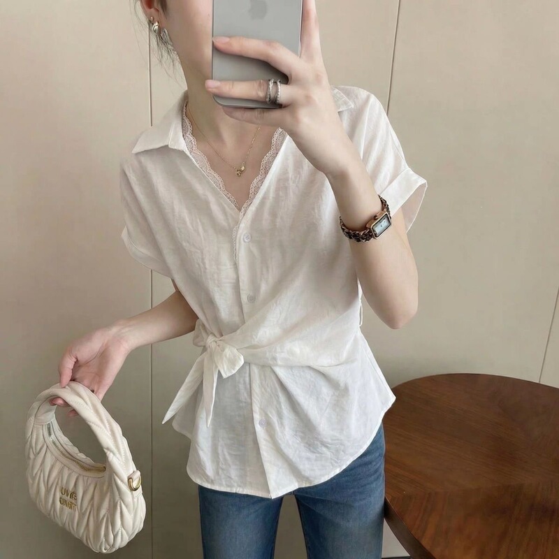 White Lace-Trimmed Collar Short-Sleeve Shirt for Women, 2026 Summer New Style, Plus-Size, Tie-Waist Top