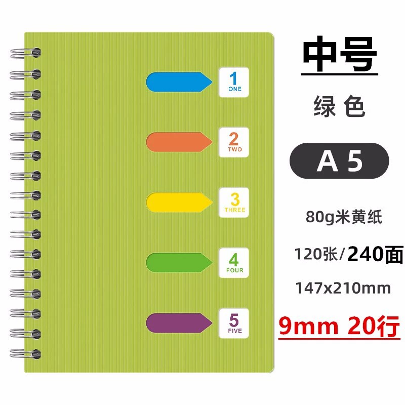 Spiral Sectioned Student Notebook, Korean Style, A5/B5 with Colored Tab Dividers