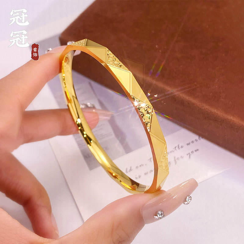 古法沙金碎碎冰几何形折光手镯 女轻奢高级感实心金镯子久不掉色