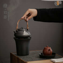 复古陶瓷茶壶黑陶酒精加热煮茶壶酒精炉提梁壶茶具套装围炉煮茶