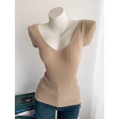 韓国風スリムフィットディープVネックボディシェイピングフライングスリーブスリム半袖セーターTシャツ女性用