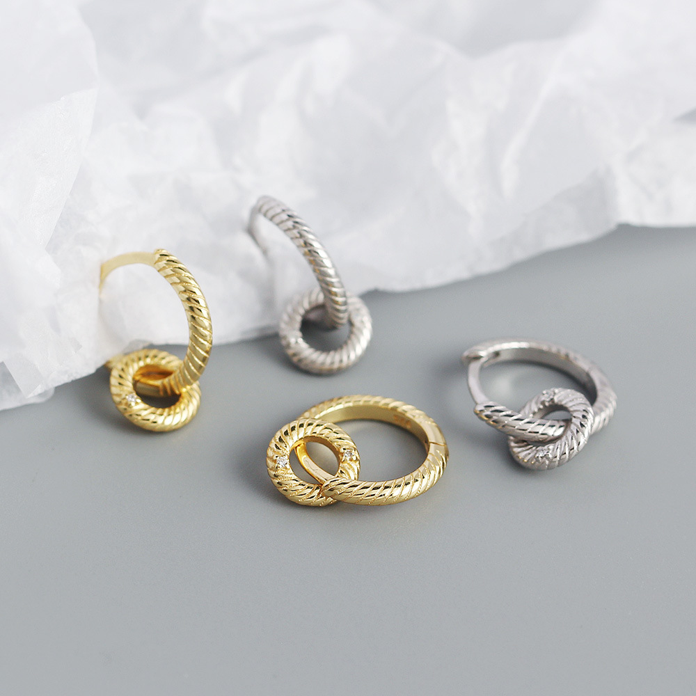 Geometric Pattern Yhe0380 S925 Silver Metal Wind Circle Rotating Retro Exaggerated Ear Buckle Silver Earrings