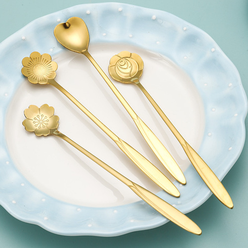 Wedding Long Handle Petal Spoon Stainless Steel Long Ice Spoon Titanium Gold Flower Spoon Stirring Spoon Heart Spoon Printed Logo