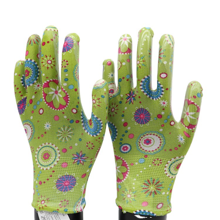 13针印花涤纶掌浸丁腈光面手套印花花园手套女士工作手套
