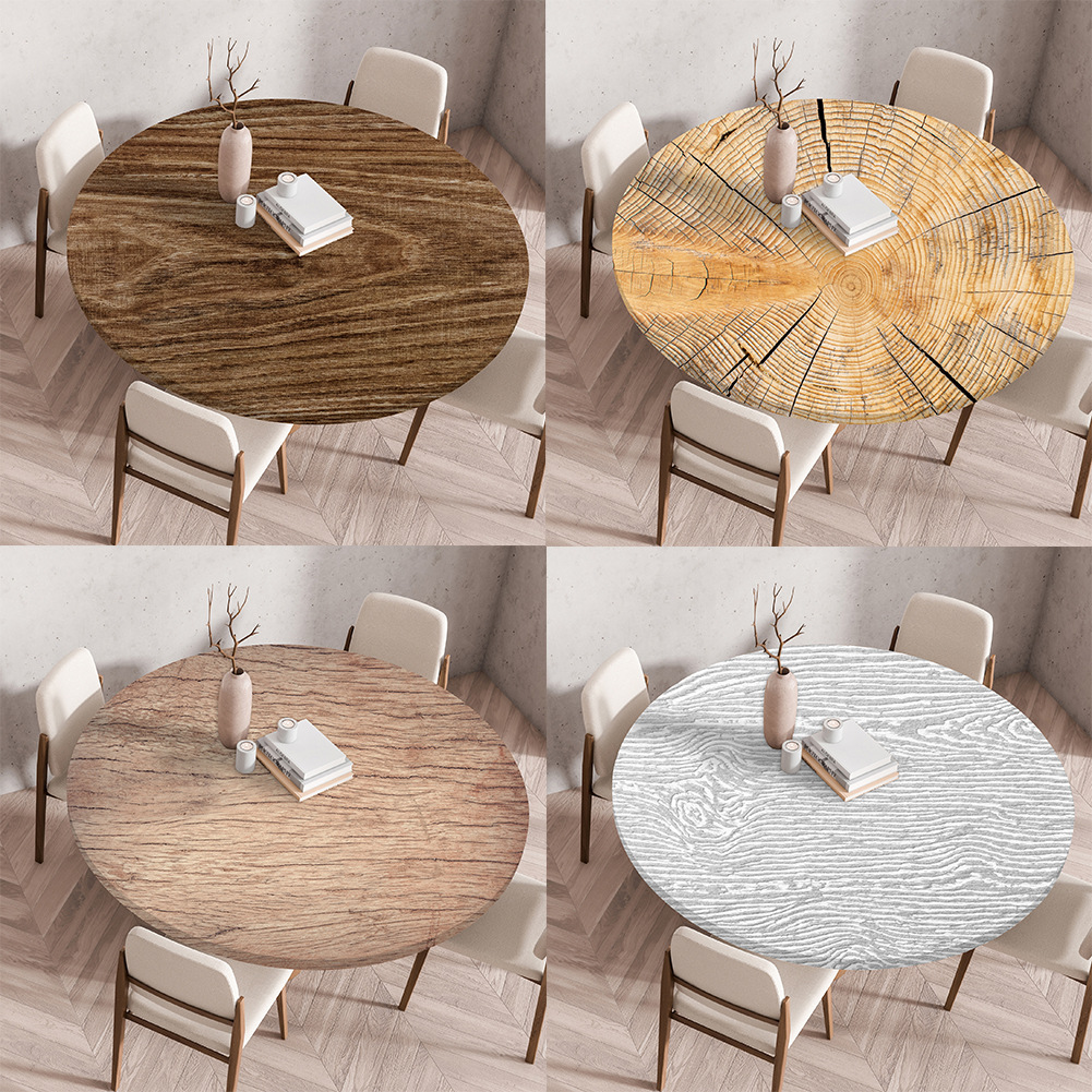 Cross-Border Wooden Pattern Printed Tablecloth Tablecloth Dining Table No-Wash Waterproof Oil-Proof Dustproof Elastic Round Tablecloth