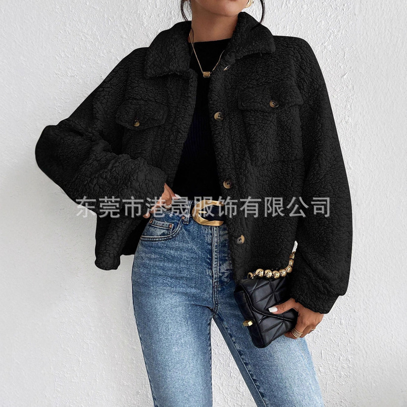 跨境女装独立站Tiktok欧美秋冬爆款翻领毛绒夹克短款女装休闲外套|undefined