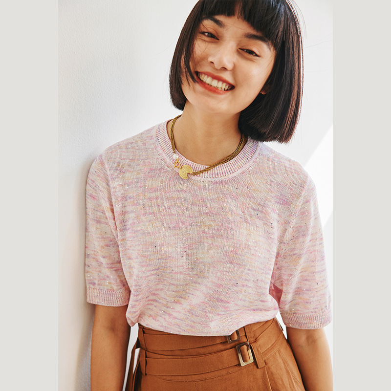 Shanghai Dan Nong Flagship Store/Fine Shimmering Bead Texture Cotton-Linen Blend Fitted Short-Sleeve Knit Top