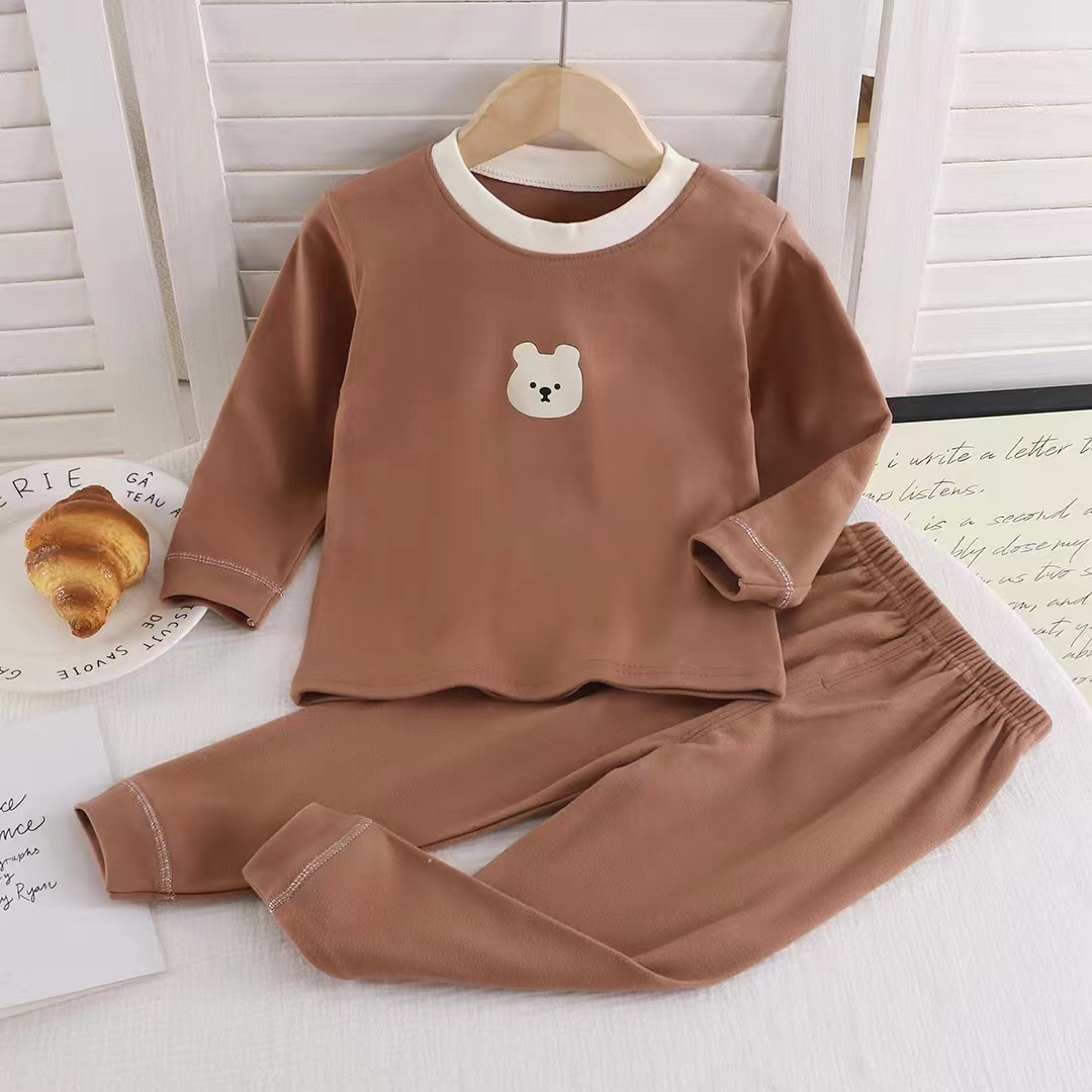 Children's Autumn/Winter Fleece Set Warm for Boys and Girls, Baby Korean Style Cartoon Cute Comfortable Base Long Sleeve Set
