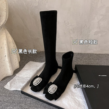 小腿袜子靴~2025夏季绒面大水钻学院风miu系百搭长筒瘦腿女靴