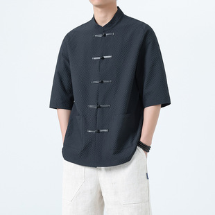 2025 Chinese Style Summer New Arrival Waffle Short-Sleeved Shirt Men's plus size Trendy Thin Retro Buckle Top