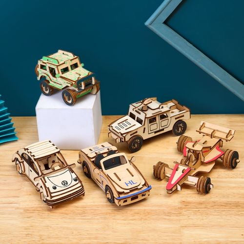 3D three-dimensional car laser puzzle children's hands-on assembly of educational DIY toys wooden fire truck excavator