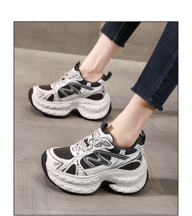 Giày sneaker nữ chunky đế dày lưới thoáng khí, tăng chiều cao — Xám đen chi tiết 15