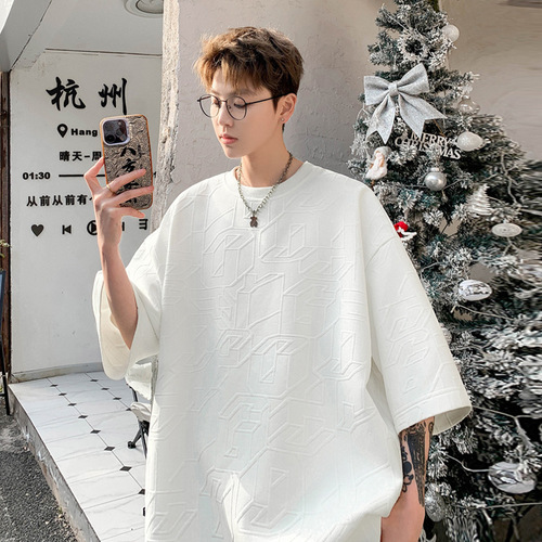 Men's Summer Trendy Semi-Sleeve Loose Casual High-End Brocade Letter T-Shirt