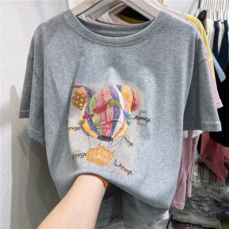 2025 Spring New Korean Style Versatile T-Shirt, Loose Fit, Slimming, Hot Air Balloon Print, Round Neck, Short Sleeve Top, Stylish