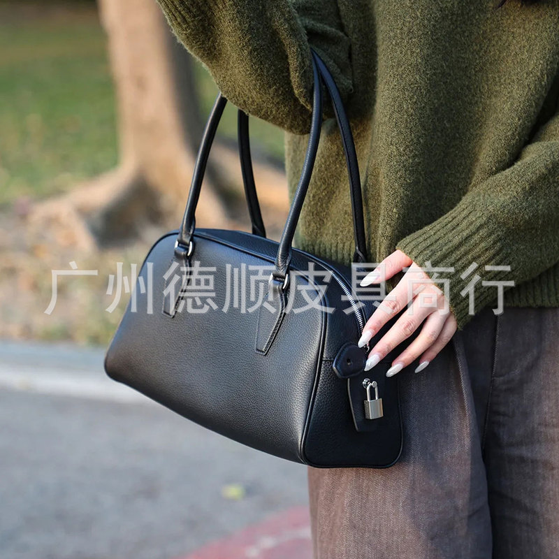 Sheepskin Lining】Bowling Row Style Ew Horizontal India Handbag First Layer Cowhide Women's Shoulder Underarm Bag