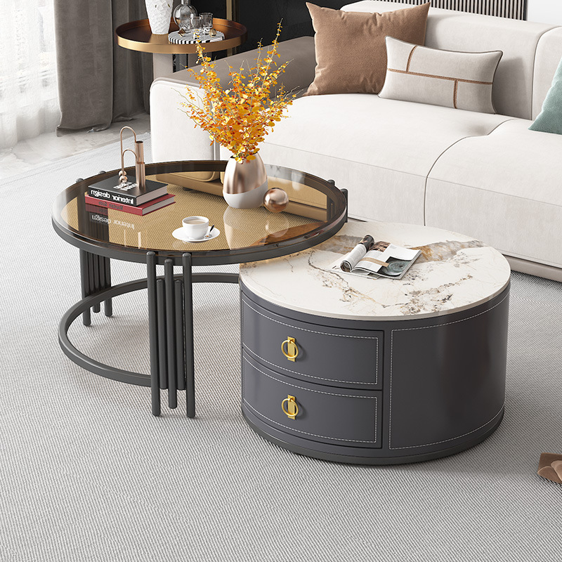 Mesa de centro moderna de lujo ligero de celebridades de Internet, balcón de la sala de estar nórdica, mesa de té de vidrio redonda, mesa de centro de pizarra de tamaño pequeño para el hogar