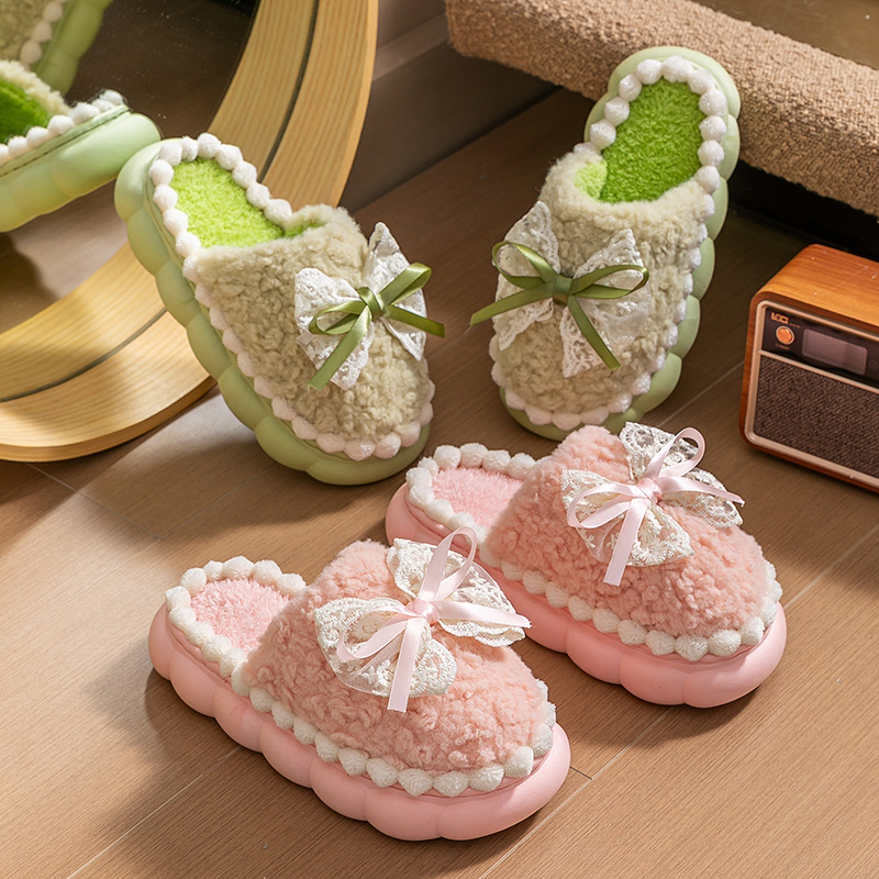 2025 nuevo cordón de arco zapatillas de algodón invierno damas gruesas calentamiento antideslizante silencioso zapatillas de interior