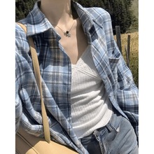 复古宽松慵懒风格子衬衫女早秋新品韩版休闲简约长袖外搭通勤小衫