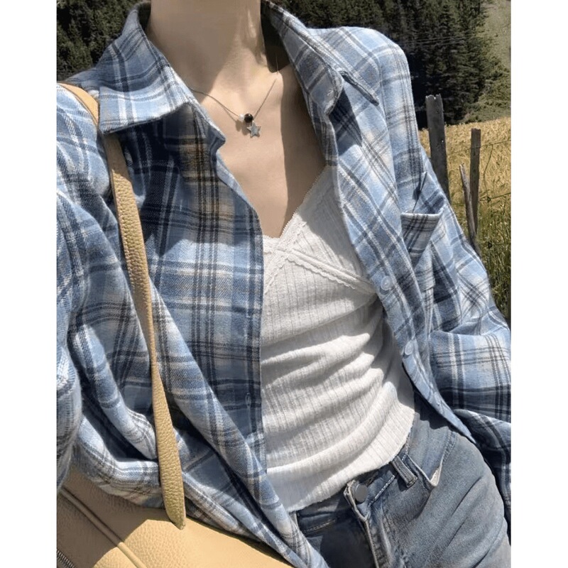 Retro Loose Lazy Style Plaid Shirt for Women Early Autumn New Korean Style Casual Simple Long-Sleeved Outer Commuting Shirt