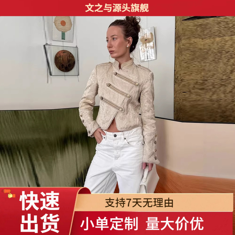 Cross-Border French Retro Palace-Style Stand-Collar Diagonal-Breasted Slim-Fit Short Military-Style Jacket for Women, Suitable for Spring and Autumn Commuting