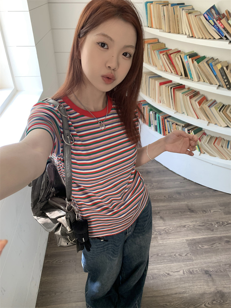 实拍 2023韩版女式经典条纹百搭短袖T恤女