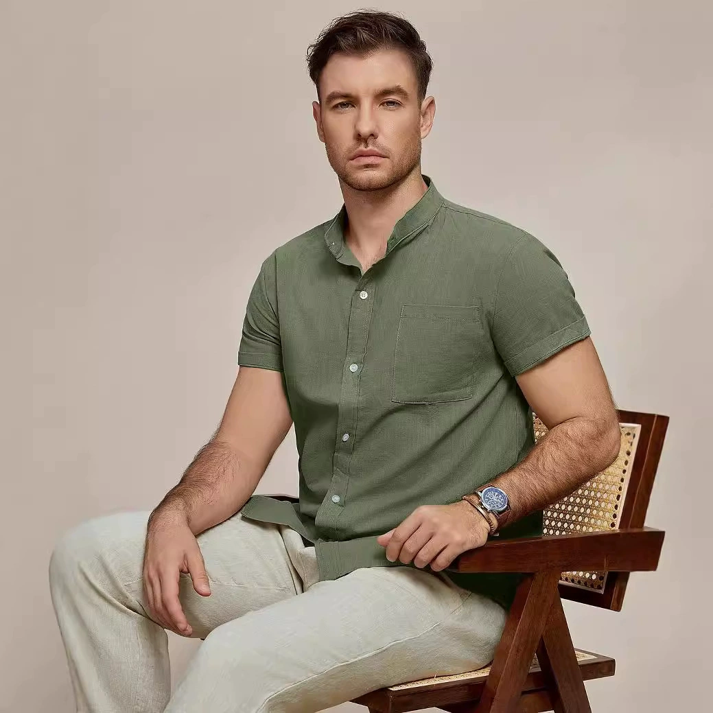 Летняя рубашка с лацканами 2025 года, однотонная, с карманом, однобортная, мужская, с коротким рукавом, топ