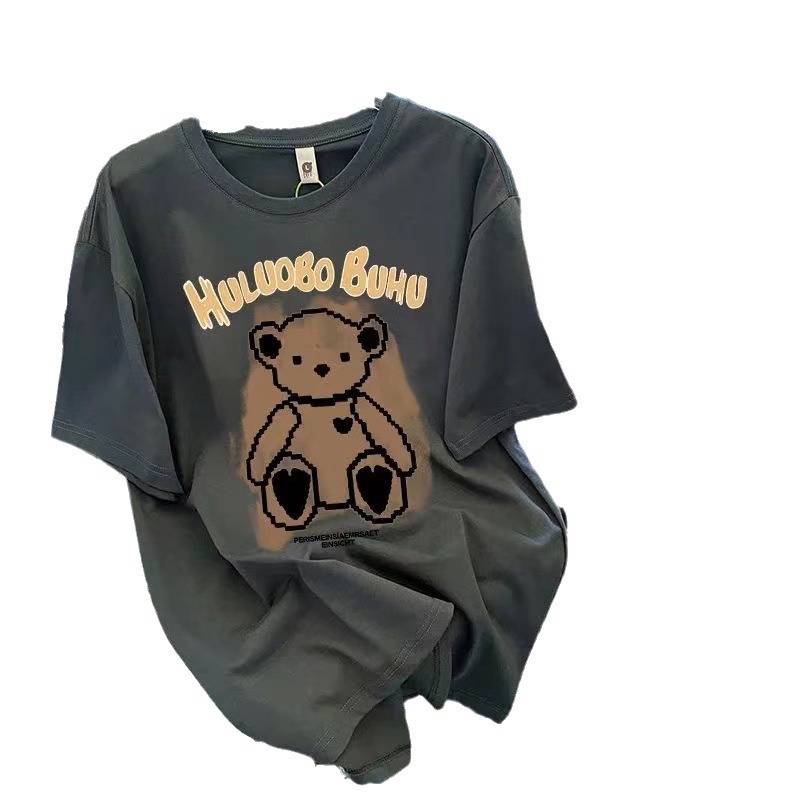 Little Bear Pure Cotton Short Sleeve T-Shirt for Women 2024 Summer New Loose American Retro Cartoon Print Junior High School Student T-Shirt for Women