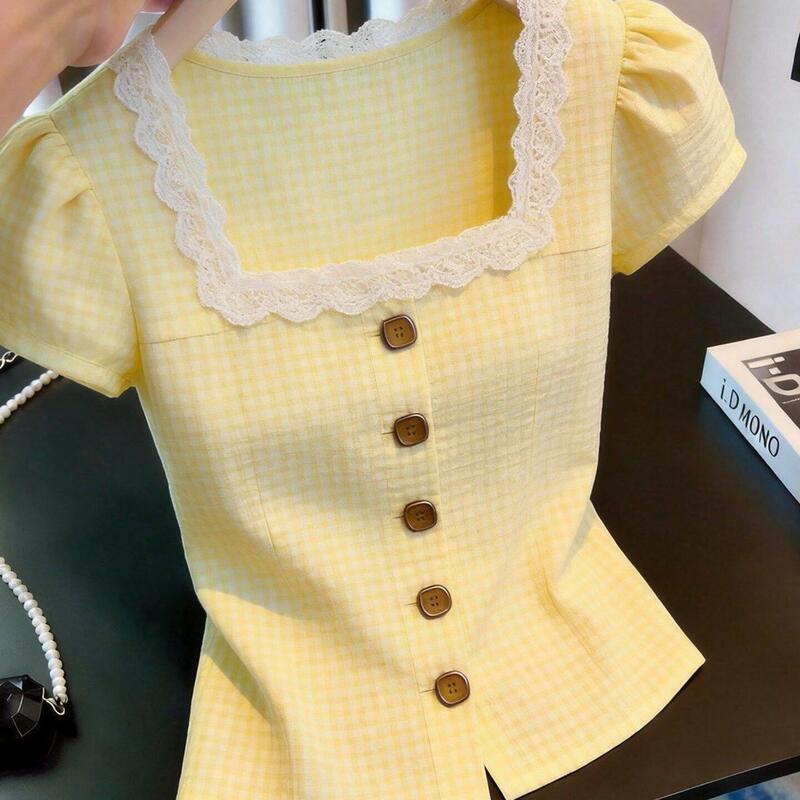 Yellow puff sleeve lace shirt for women, slim-fit, elegant, button-decorated, beautiful summer blouse
