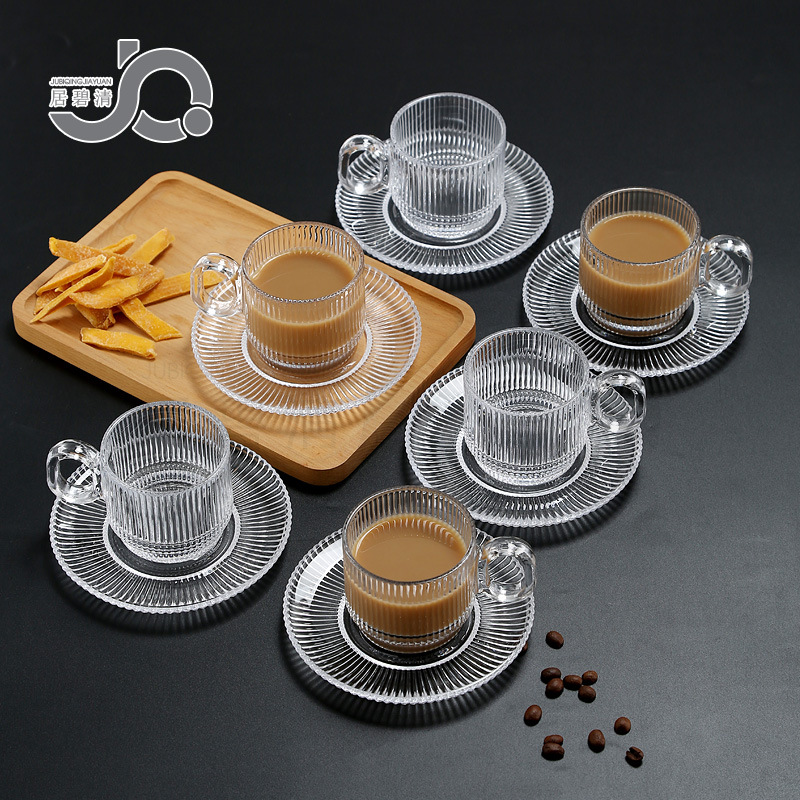 Taza de café de vidrio de alta franja vertical creativa con mango de aislamiento térmico, taza de café transparente simple y exquisita
