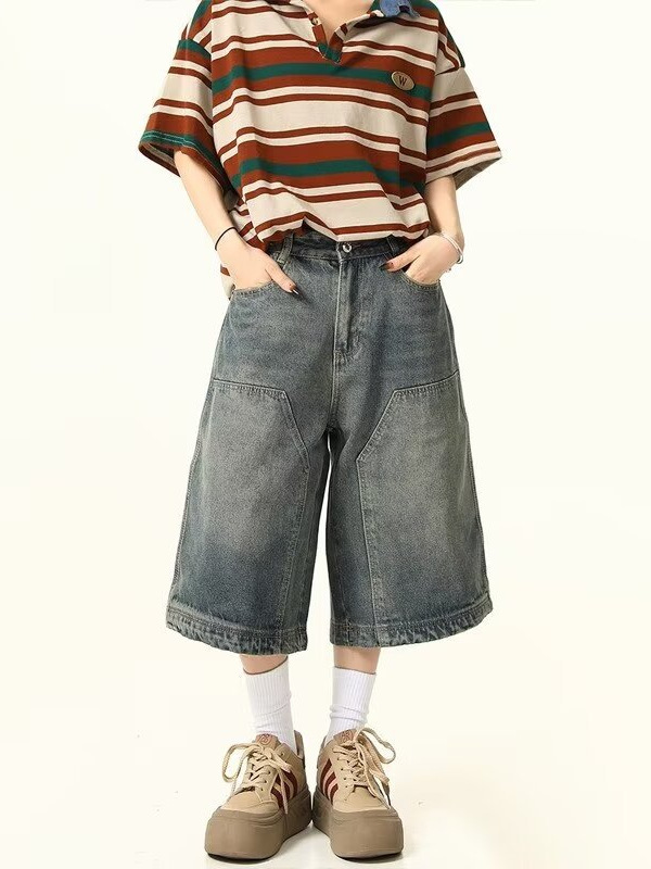 American Washed High Street Spliced Denim Shorts for Men and Women in Summer Wide-Leg Distressed Loose Casual Three-Quarter Pants