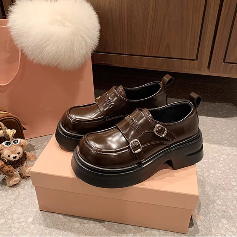 Grape Mom primavera nuevo estilo Amiu hebilla doble punta redonda estilo británico más plataforma de terciopelo Lefu zapatos de cuero zapatos individuales mujer