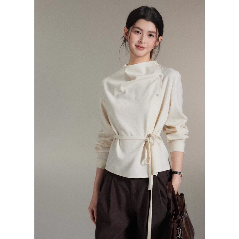 Eryang Design【Trendy】Simple Asymmetric Draped Collar Diagonal Placket Tie-Waist Top Women's High-End Shirt